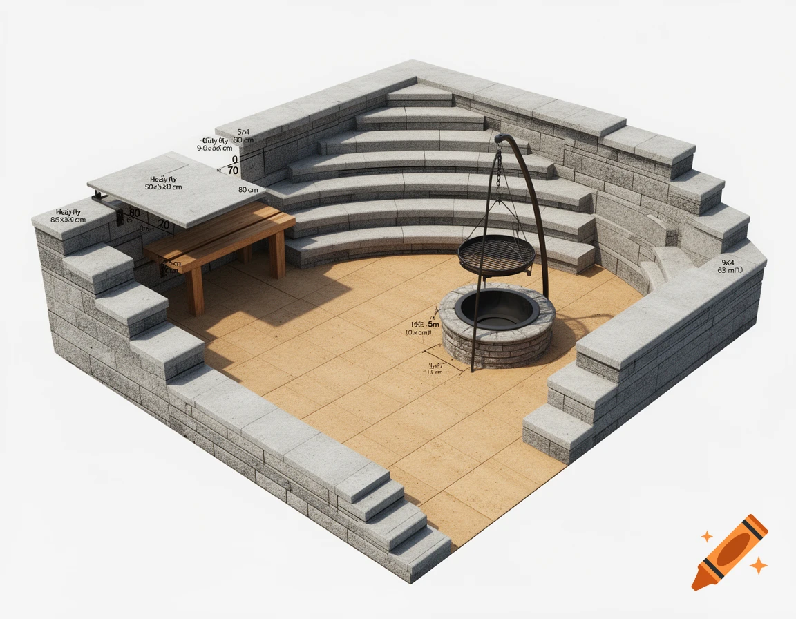 Isometric view of a stone and wood outdoor living area with a tiered fire pit, built-in bench, steps, and a suspended grill.