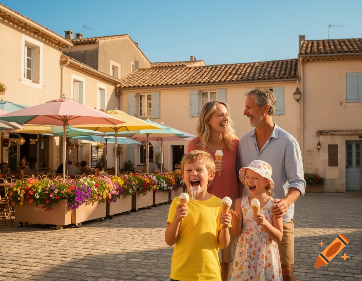 A happy family, two parents and two young children, laugh while holding ice cream cones in a sunny European town square with cafe umbrellas and flower boxes.