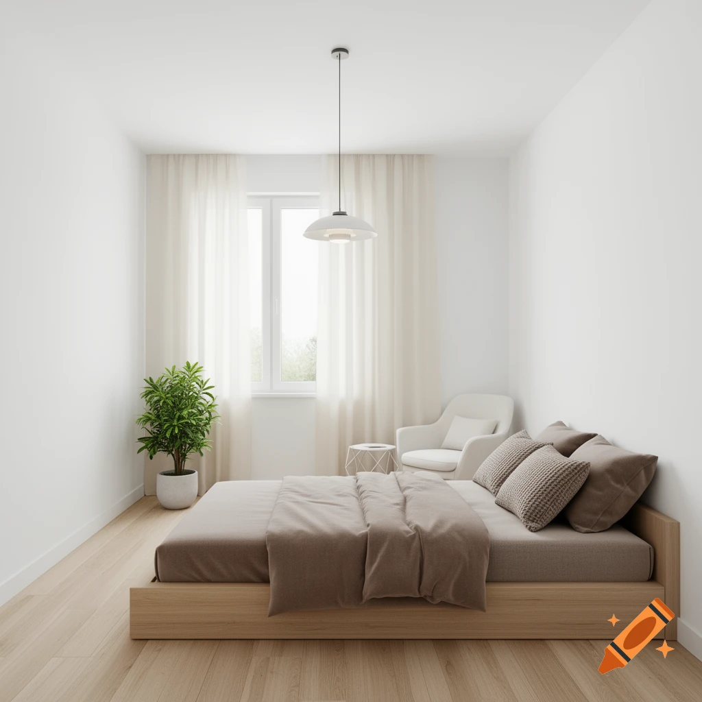 A bright, modern minimalist bedroom with white walls, a wooden bed with brown bedding, an armchair, and a plant.