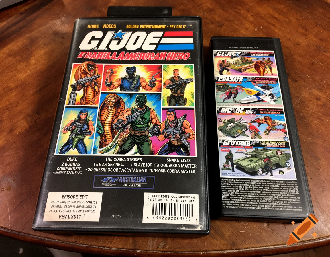 Two G.I. Joe: A Real American Hero VHS tapes or cartridges on a wooden table, featuring colorful comic book-style illustrations of characters like Duke, Snake Eyes, and Cobra soldiers and vehicles.