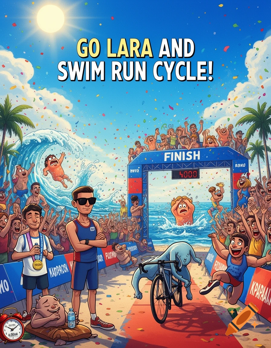 A vibrant, cartoonish triathlon poster showing various characters at a finish line with a large wave, confetti, and the text "GO LARA AND SWIM RUN CYCLE!"