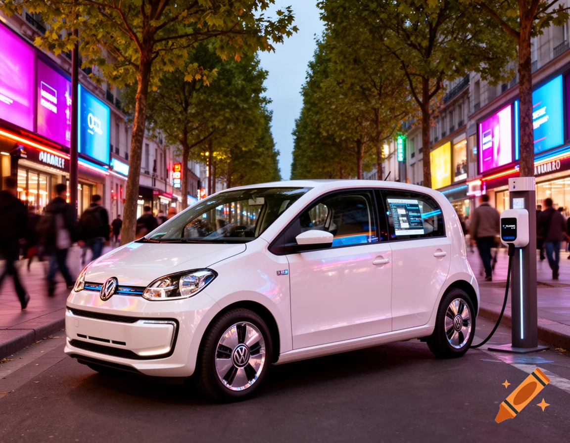 A white electric city car, similar to a VW Up, charging on a city street at dusk. Bright neon signs illuminate the background buildings while blurred people walk past.