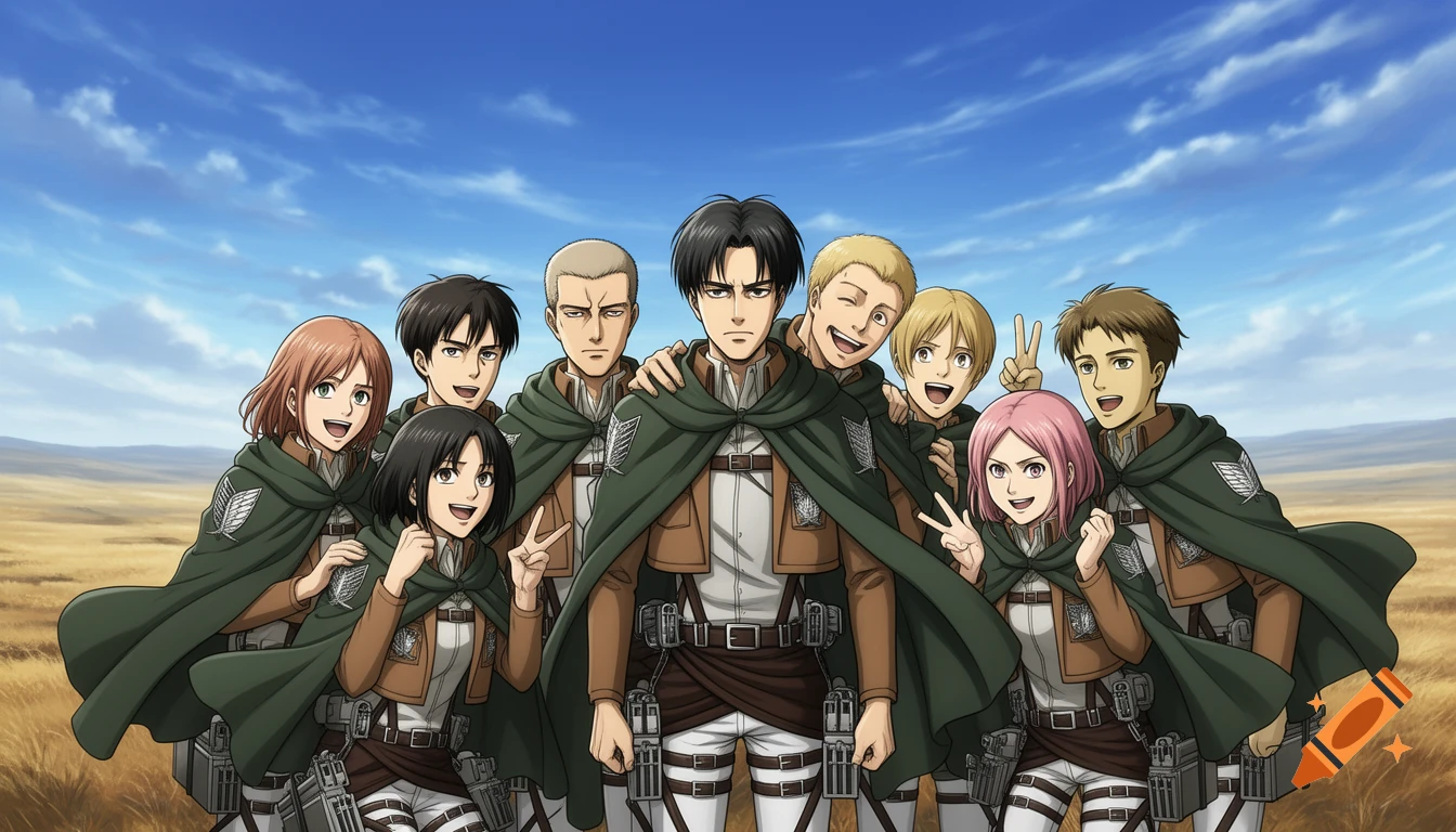 Nine anime characters from Attack on Titan, including Levi, Eren, and Mikasa, pose in Survey Corps uniforms in a grassy field under a blue sky, some making V-signs.