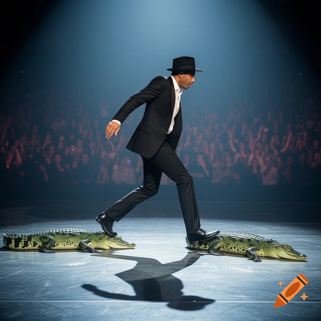 A man in a black suit and fedora steps on two crocodiles on a dark stage, moonwalking under a spotlight with an audience in the background.
