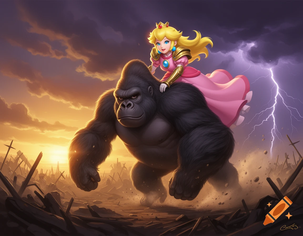 Princess Peach rides a fierce gorilla through a battleground under a stormy sky with lightning, in a vibrant digital art style.
