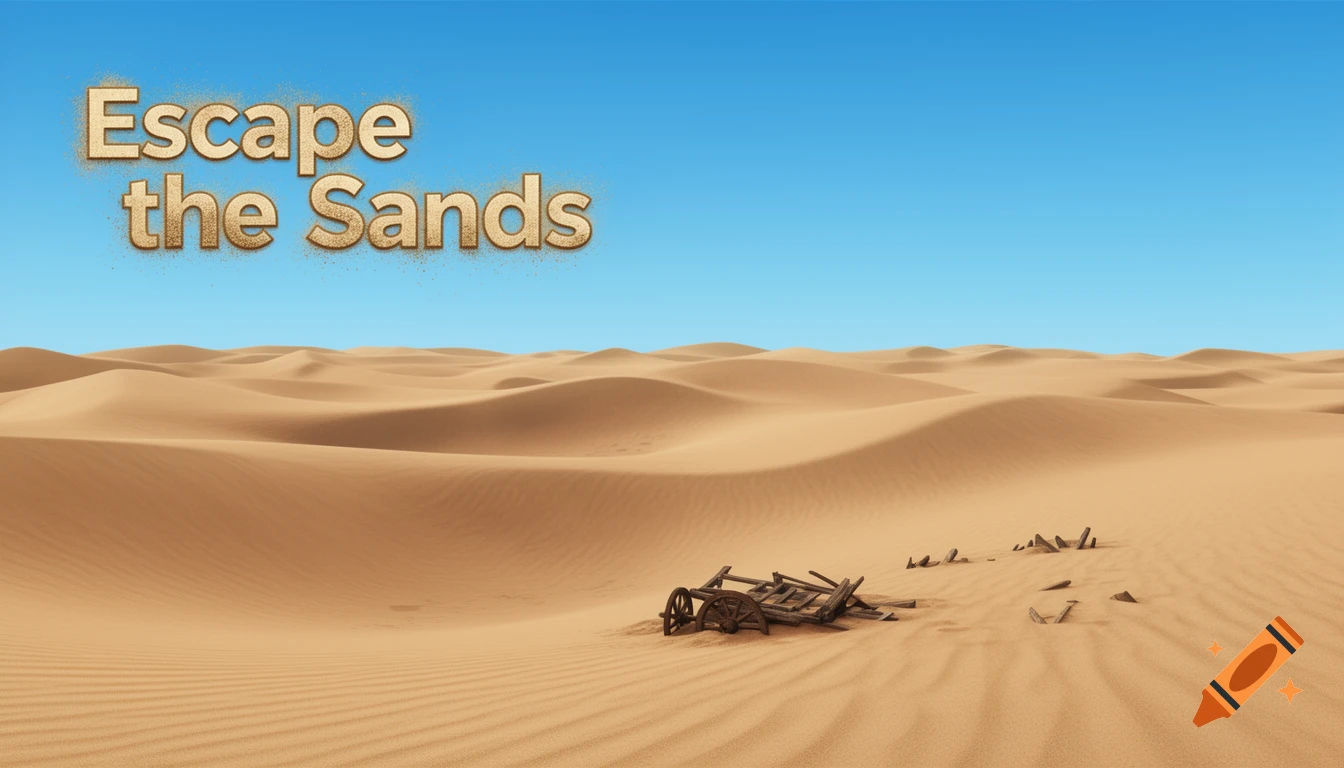 Desert landscape with sand dunes, a clear blue sky, broken wooden cart in foreground, and 'Escape the Sands' title.