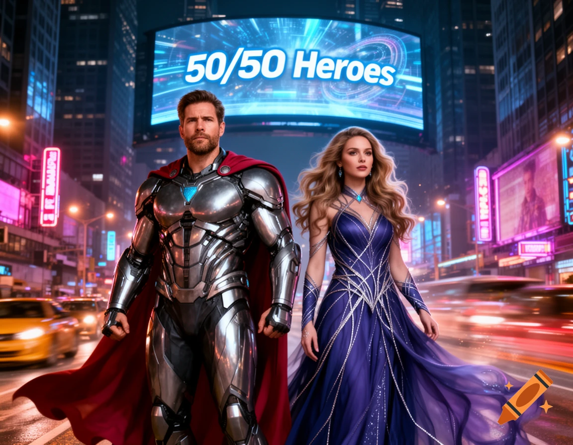A man in metallic armor with a red cape and a woman in a flowing purple gown stand on a neon-lit city street under a billboard reading "50/50 Heroes".