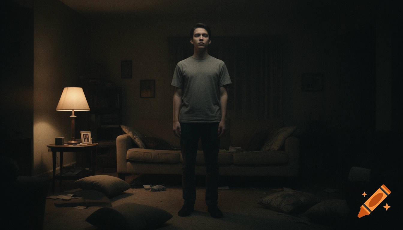 A full shot of a young man standing still in a dimly lit, slightly messy living room, looking directly at the camera, with a lamp illuminating the left side.