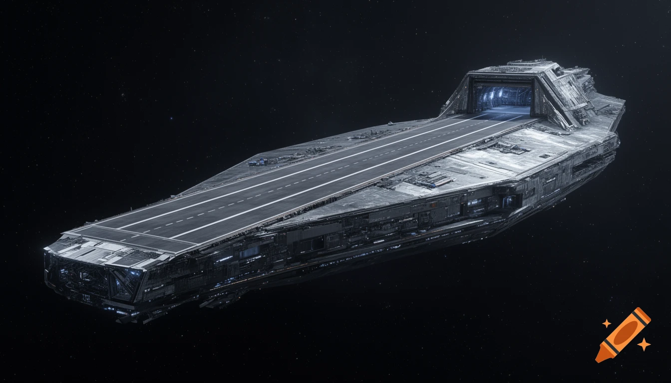 Photorealistic image of a large, angular space battleship with a runway on top and a rear hangar entrance, drifting in deep space.