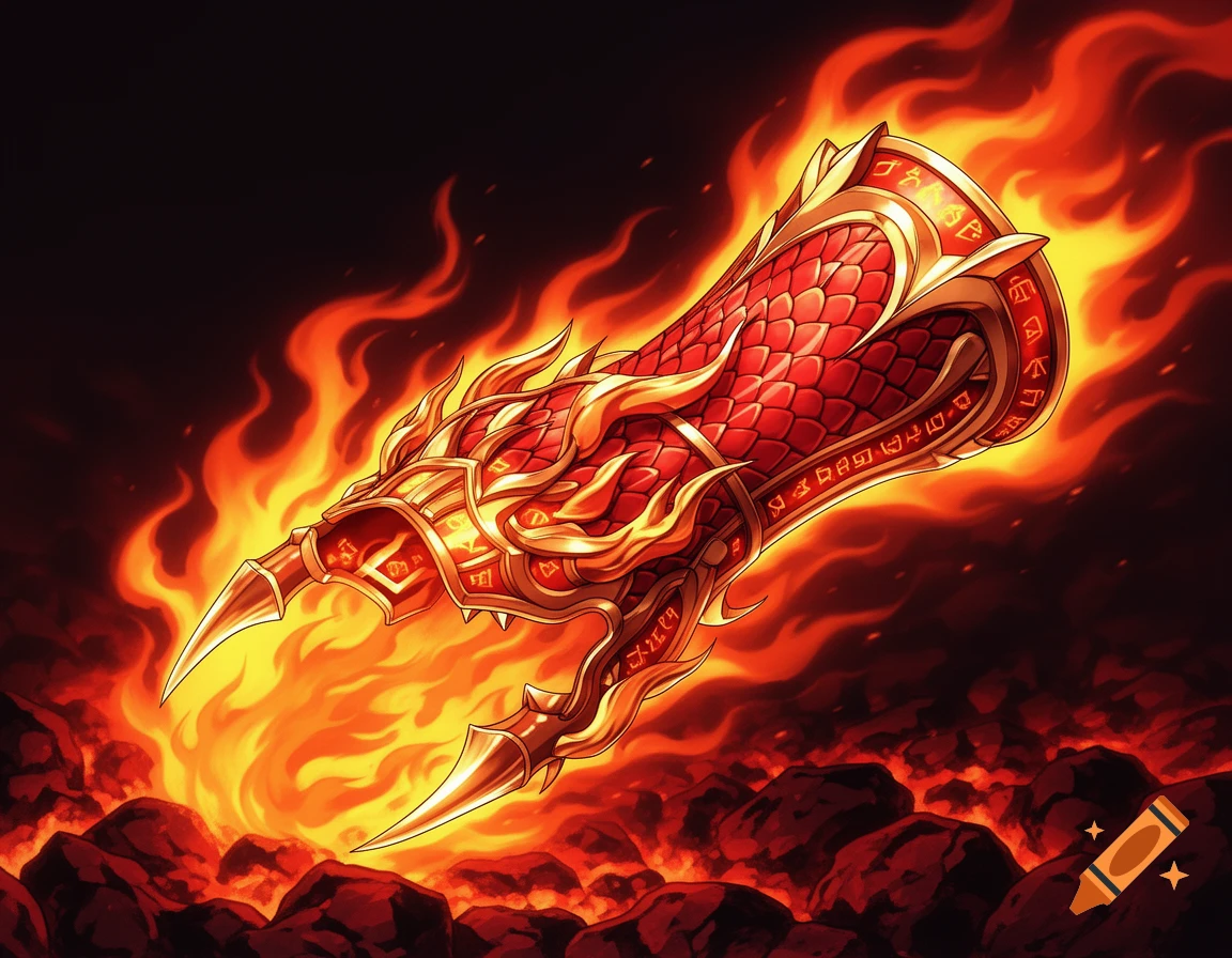 Anime-style fiery red and gold dragon gauntlet, surrounded by flames above glowing embers.