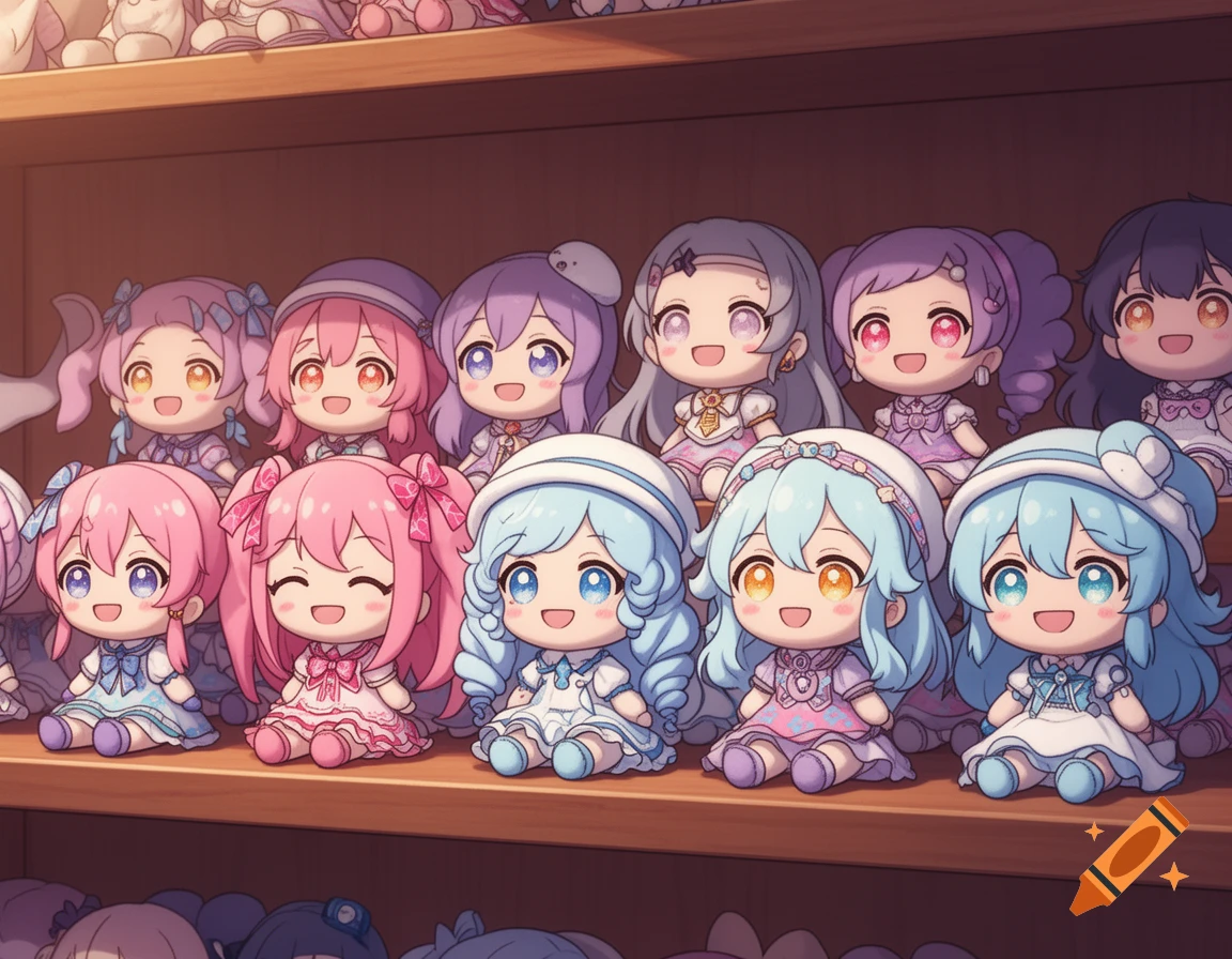 A cel-shaded illustration of a shelf crowded with soft, smiling chibi anime girl plushies in various colors.