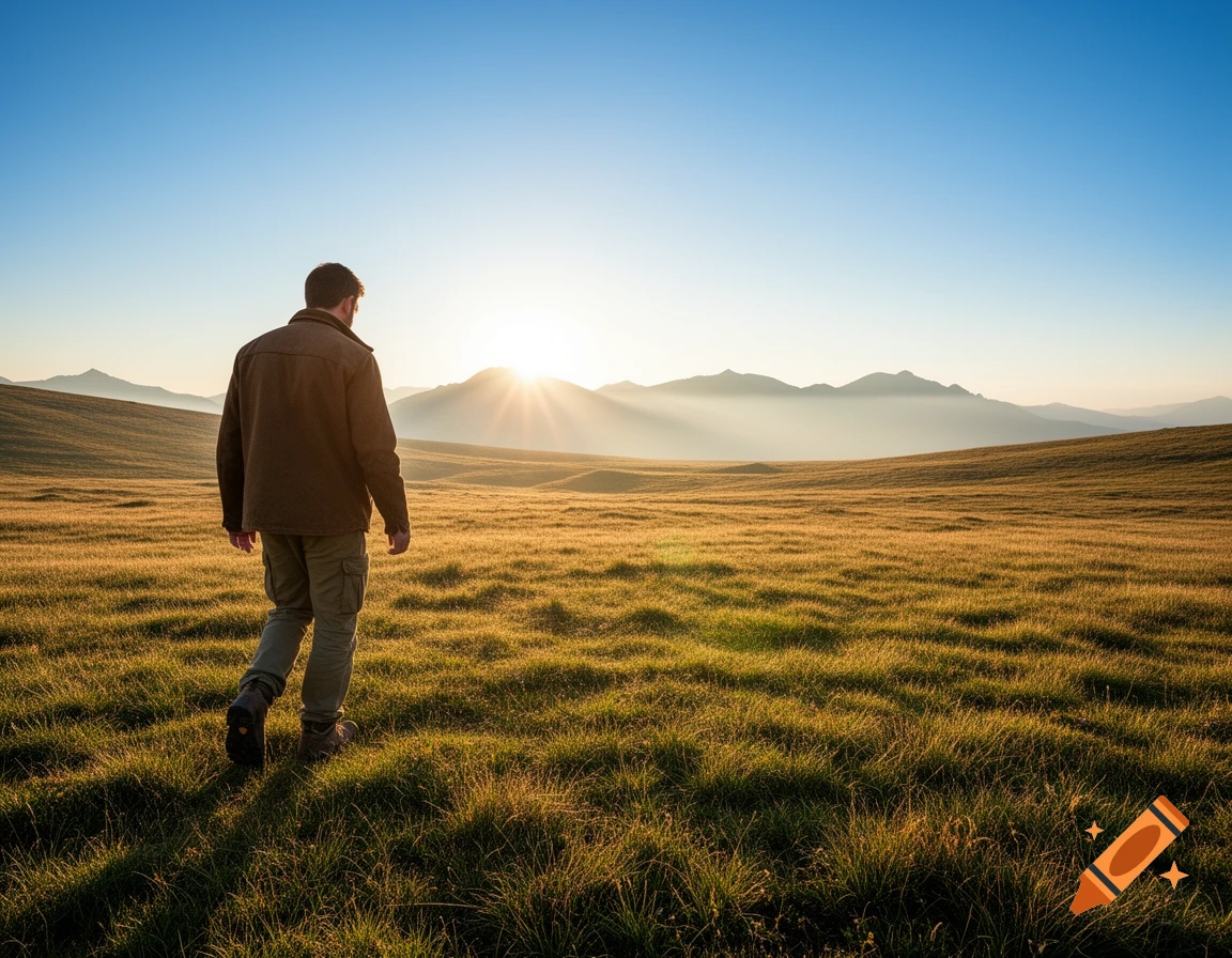 A man in a jacket walks across a golden grassy field towards distant mountains under a bright sunrise sky.