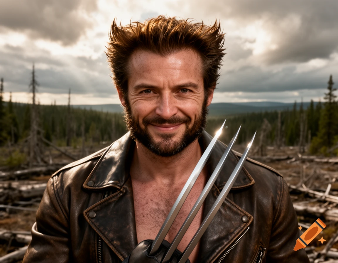 Photorealistic portrait of Wolverine, mask off, with adamantium claws and a leather jacket, in a forest.