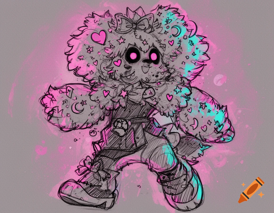 A fluffy, anthropomorphic creature with glowing pink eyes and heart/star motifs, rendered in a messy black and white sketch style with neon pink and cyan highlights.