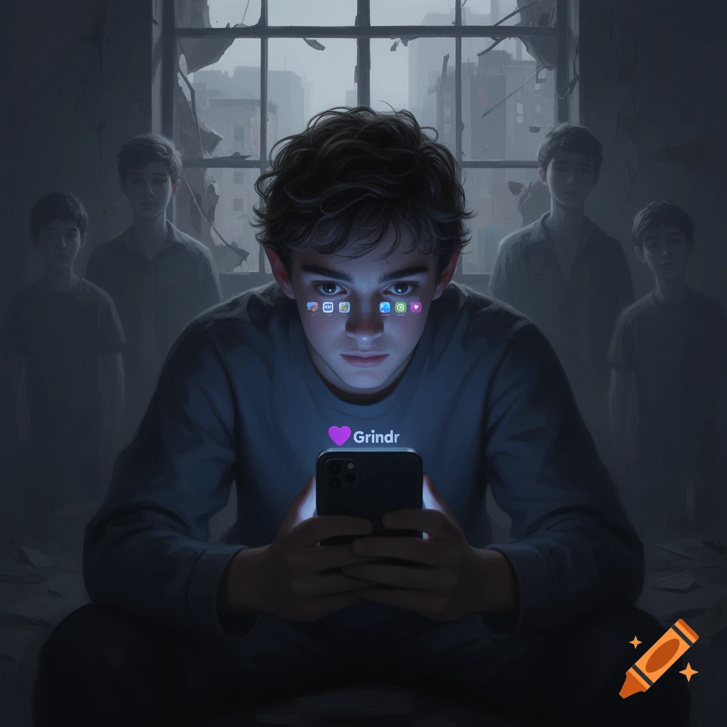 A stylized painting of a young boy looking down at his glowing phone in a dark, desolate room, with the word 'Grindr' on his shirt and app icons reflected in his eyes. Ghostly figures stand in the background.