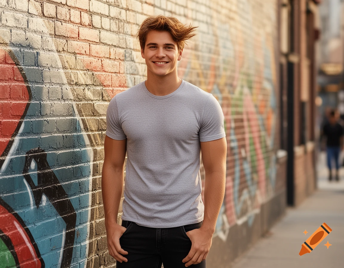 A smiling young man with brown hair stands casually against a colorful graffiti brick wall on a sunny urban street.