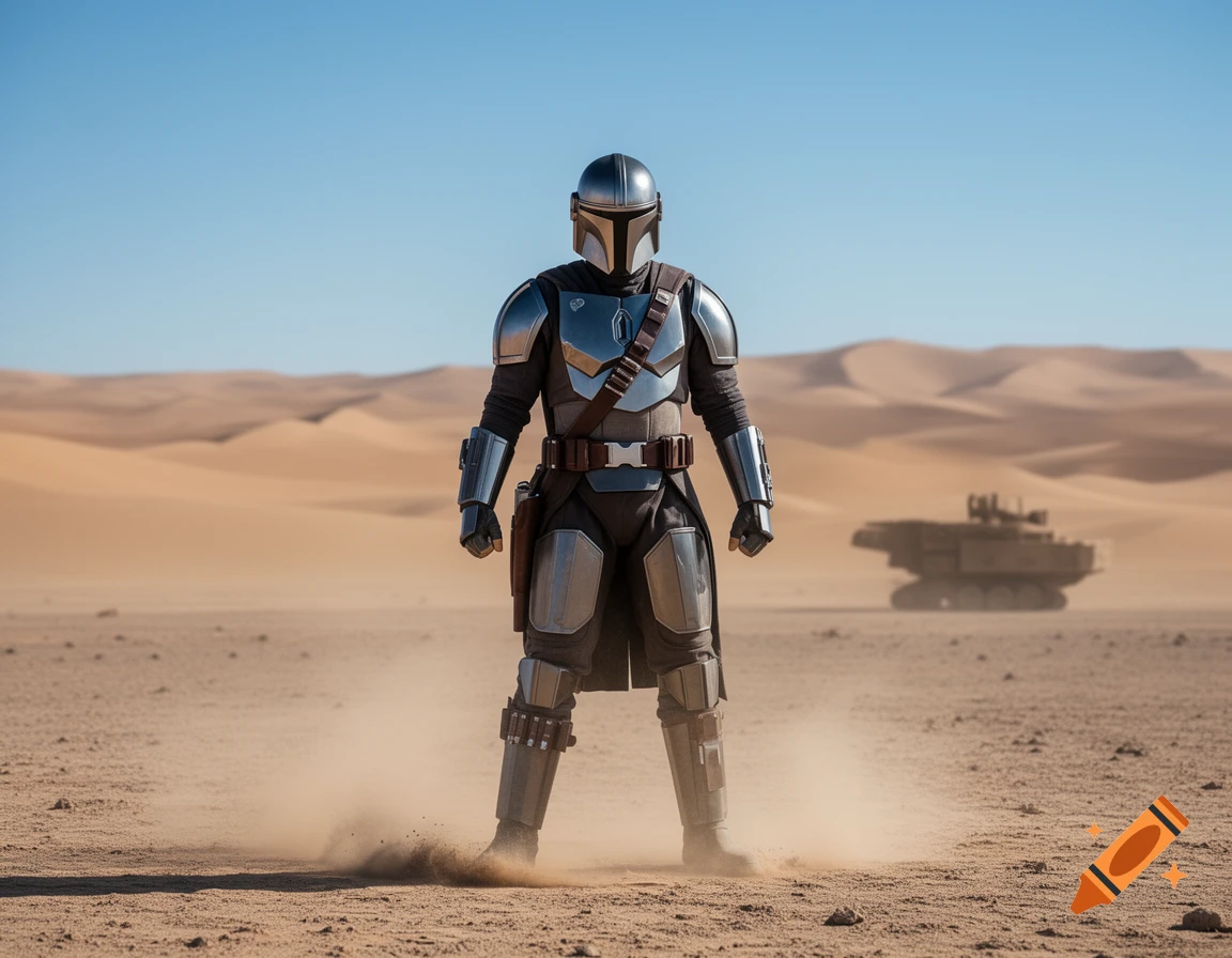 A photorealistic Mandalorian stands amidst a vast desert with sand dunes and a distant vehicle under a clear blue sky.