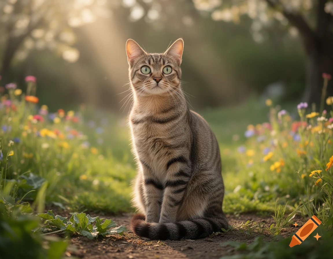 A tabby cat sits upright on a dirt path, surrounded by green grass and colorful wildflowers. Sunlight streams through trees in the background.
