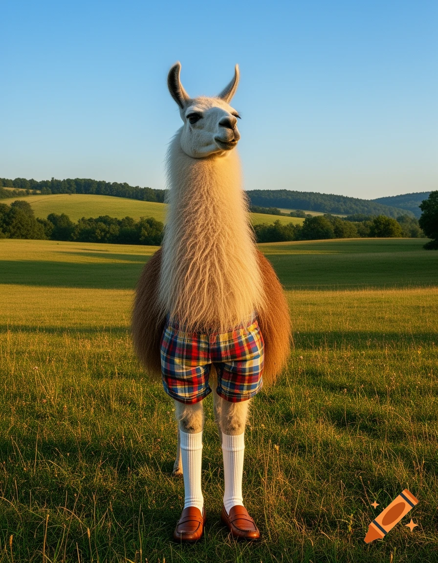 Photorealistic llama wearing plaid shorts, white socks, and brown loafers stands in a sunny green field.