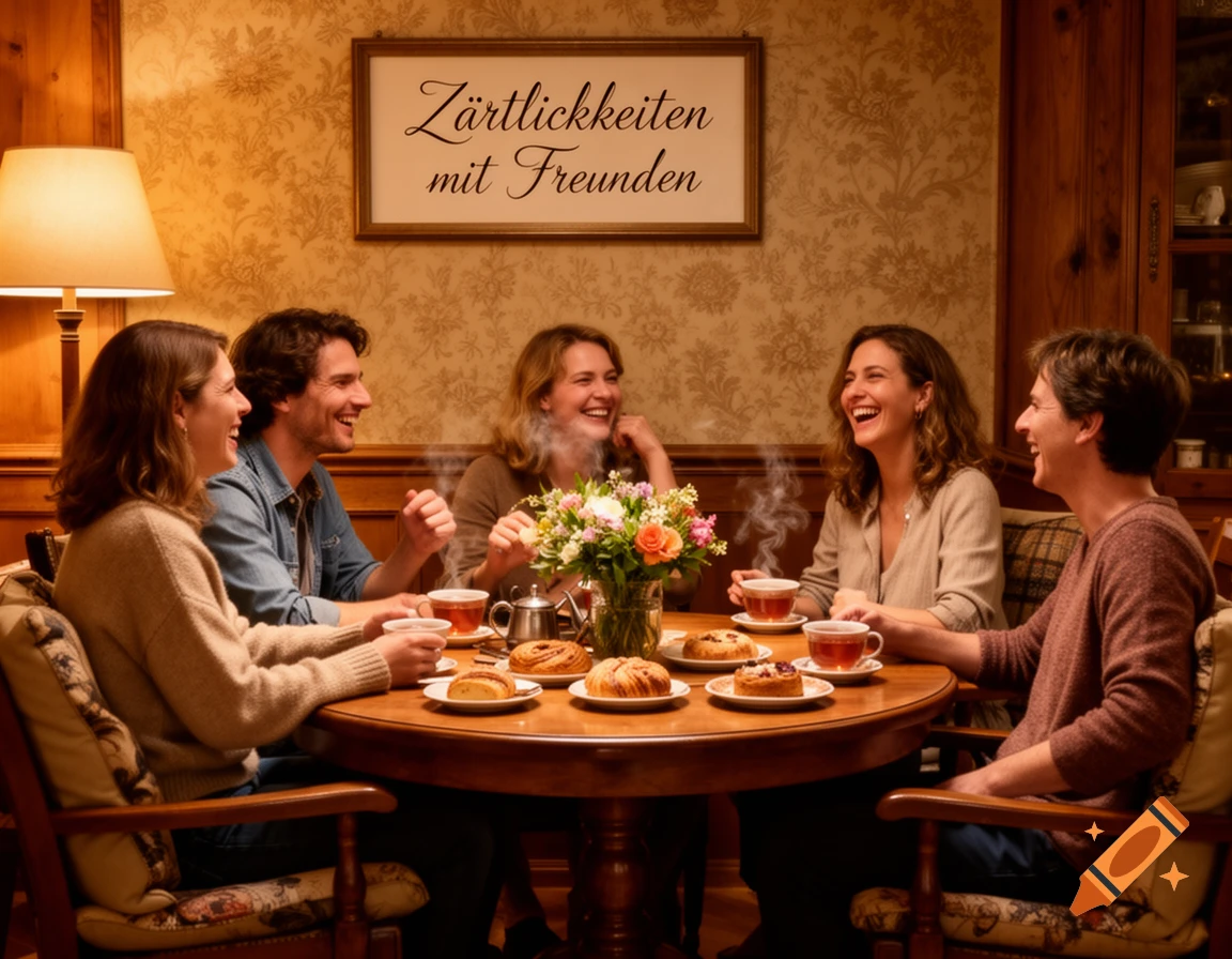 Five smiling friends enjoying tea and pastries around a wooden table in a cozy room.