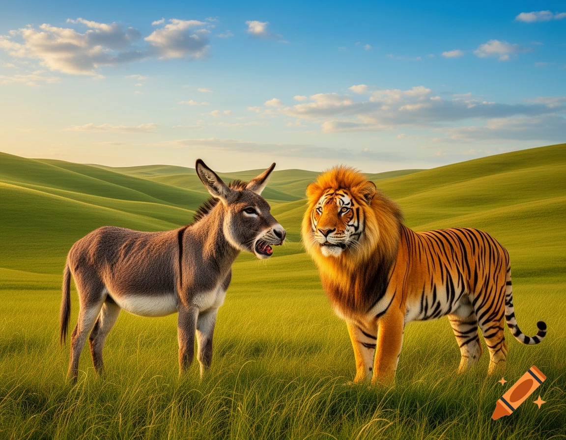 A donkey with an open mouth stands facing a lion-maned tiger in a rolling green field under a blue sky.