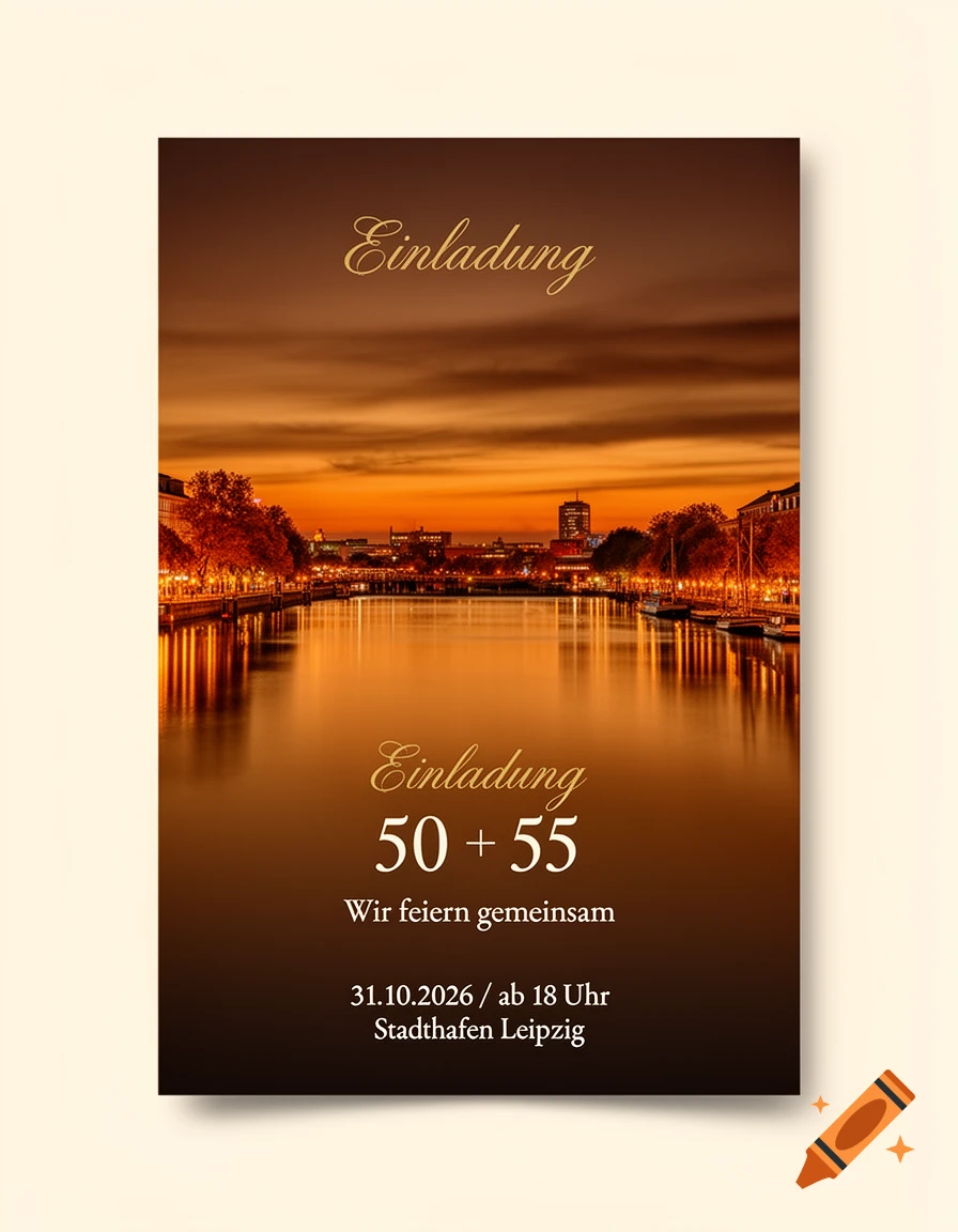 Invitation card with a golden sunset over Leipzig city harbor, reflections in the water, and event details.