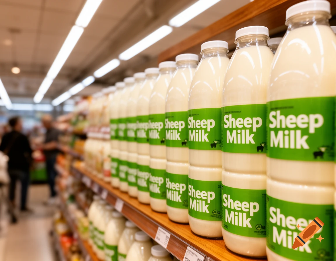 A row of plastic bottles labeled "Sheep Milk" on a shelf in a grocery store, with blurred shoppers in the background.