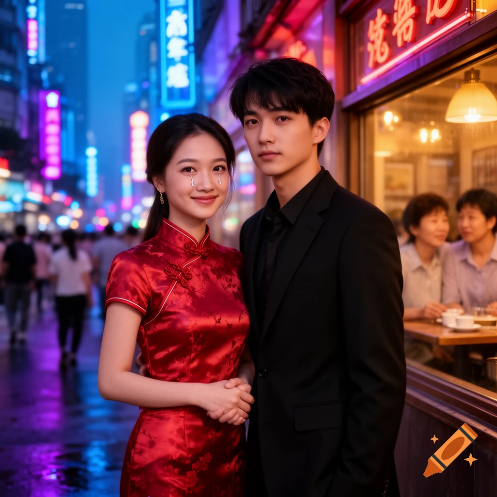 A young Chinese couple stands on a rainy city street at night, illuminated by neon signs, with a restaurant in the background.