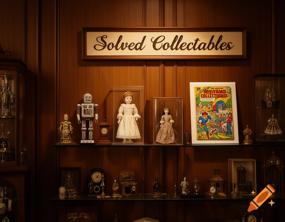 A dark, warm-toned image of a wooden wall with a sign saying "Solved Collectables" above a glass shelf displaying various vintage items, including dolls, a robot, and a comic book.