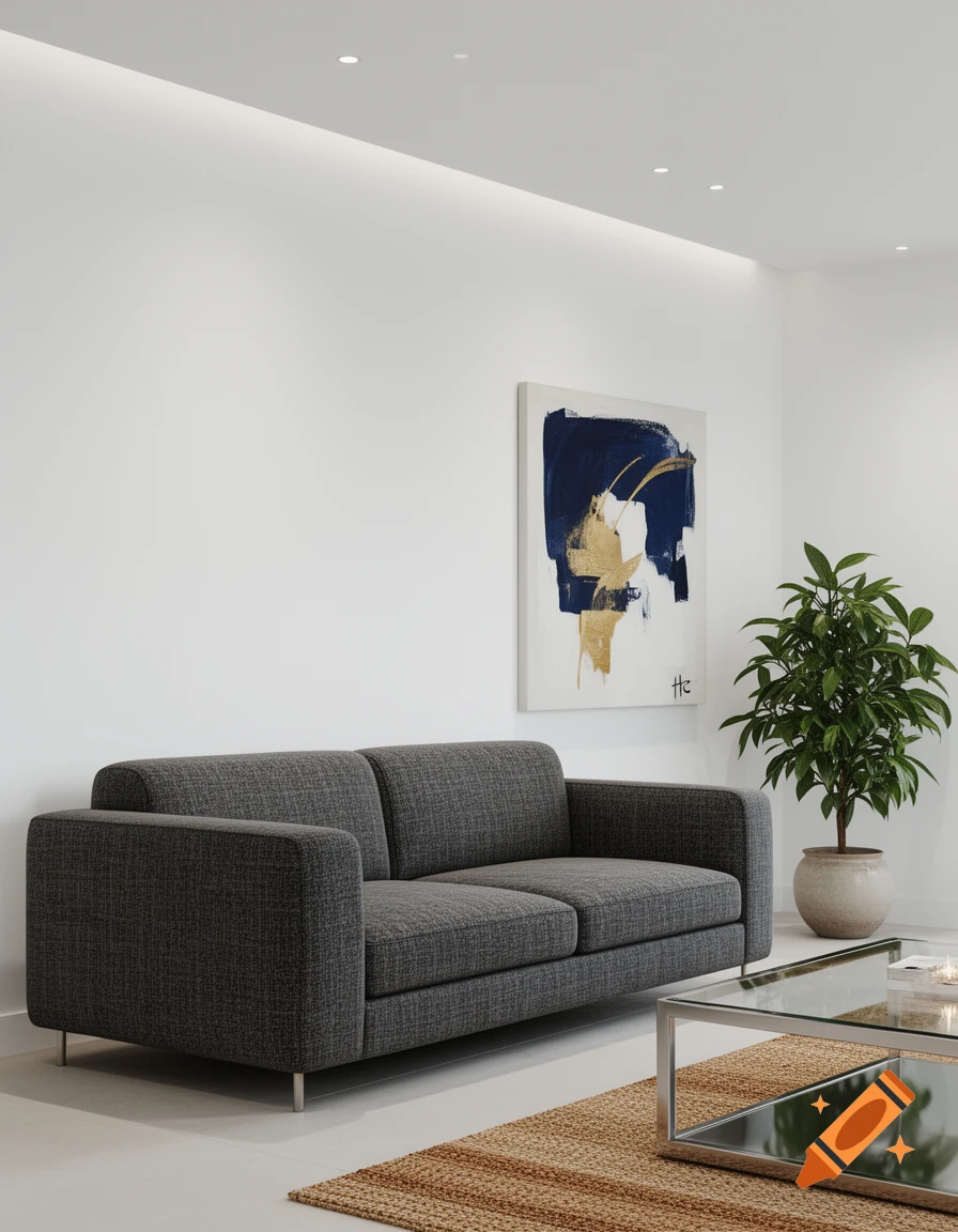 A modern living room with a dark gray two-seater sofa, a glass and metal coffee table on a woven rug, a green plant in a pot, and a blue and gold abstract painting with "Hc" text on a white wall.