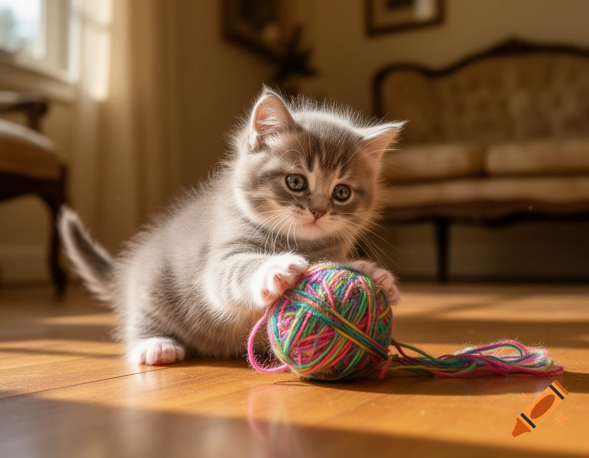 A fluffy gray and white kitten plays with a vibrant ball of yarn on a sunlit wooden floor.