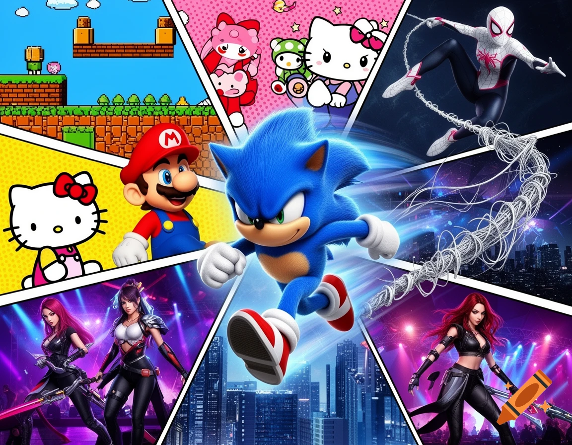A vibrant pop art collage featuring Sonic, Super Mario, Hello Kitty, Ghost-Spider, and two K-pop demon hunter characters.