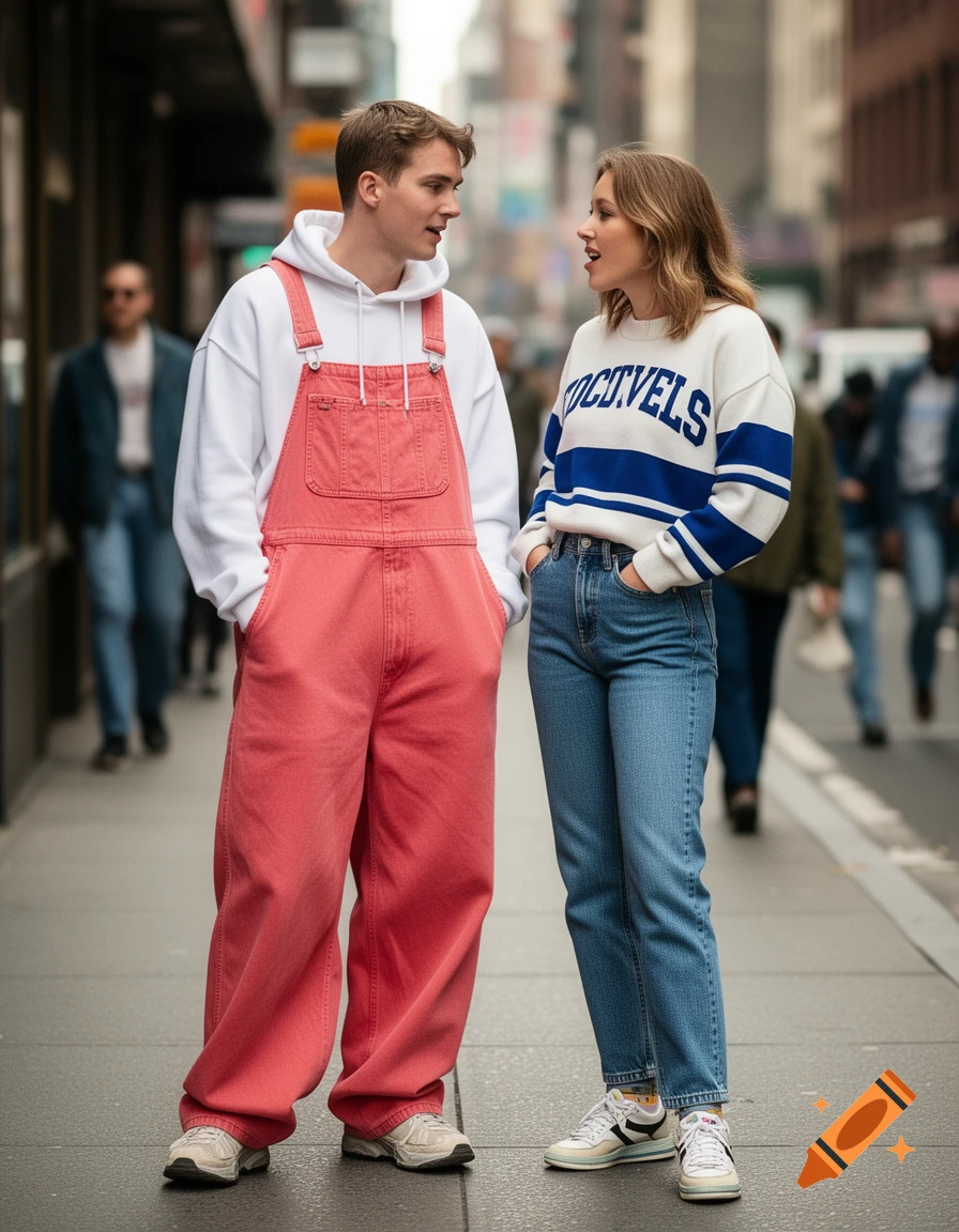 A young man in red overalls and a white hoodie talks to a woman in a striped sweater and jeans on a city street.