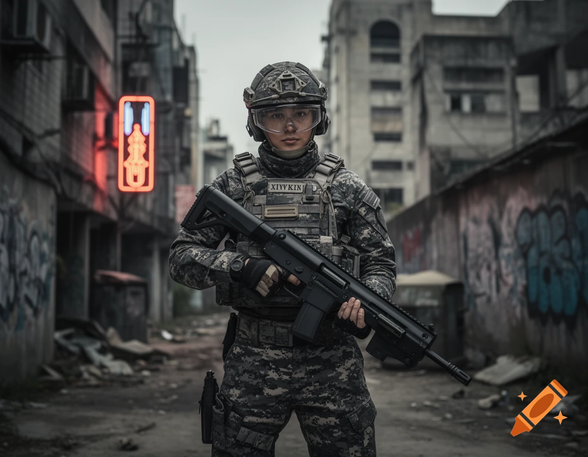 A soldier in full camouflage gear, helmet, and goggles holds a Tavor rifle in a desolated urban environment with graffiti and a neon sign.