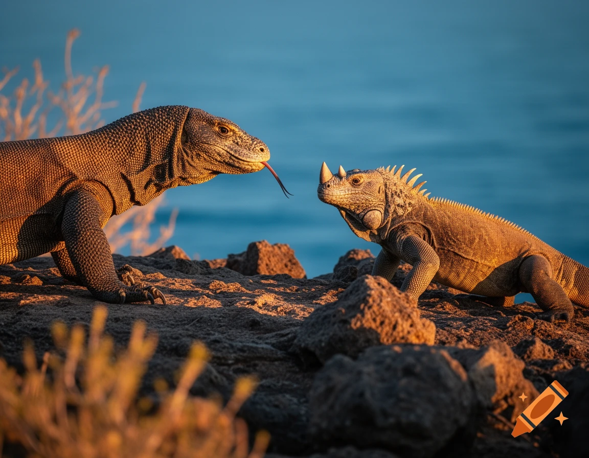 A Komodo dragon with its tongue out faces a rhinoceros iguana on rocky terrain at sunset with a blue ocean in the background.