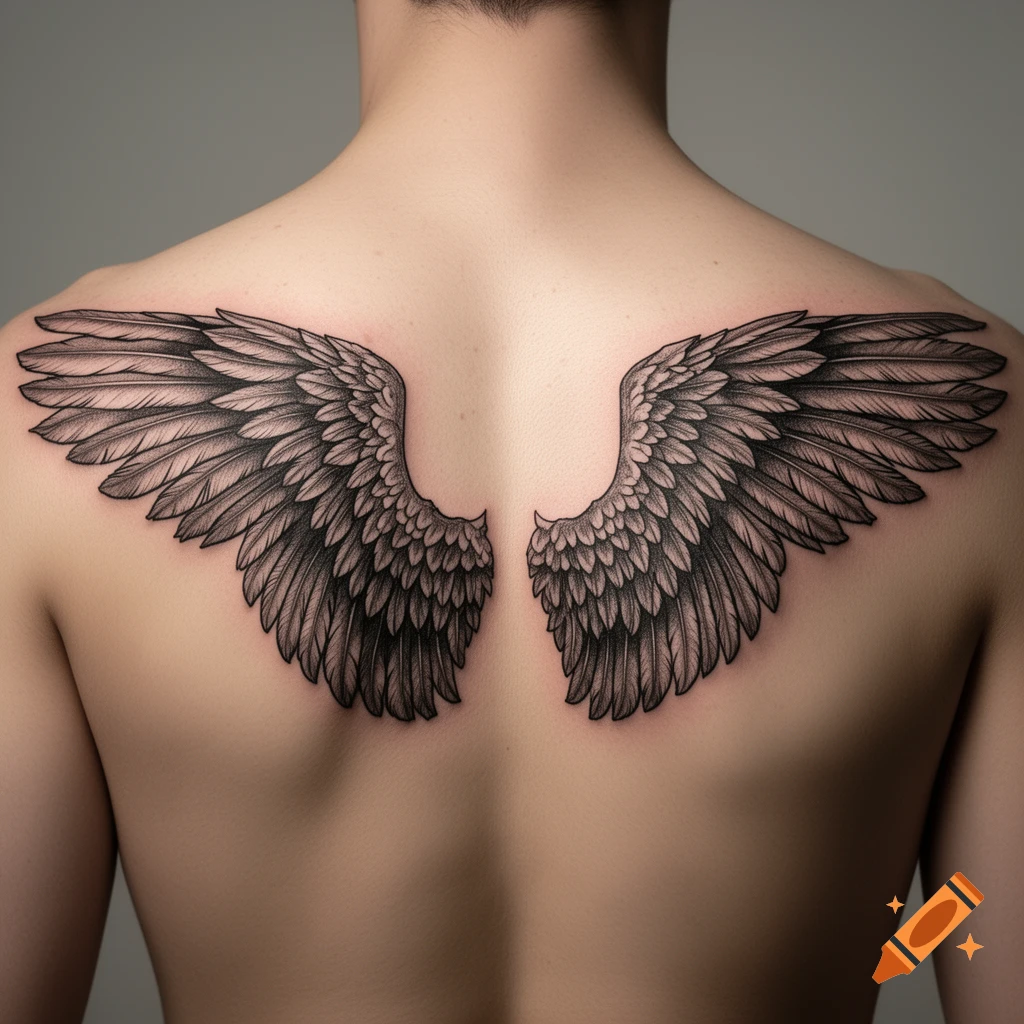 A detailed black and white wing tattoo on a person's bare back, shown from behind.