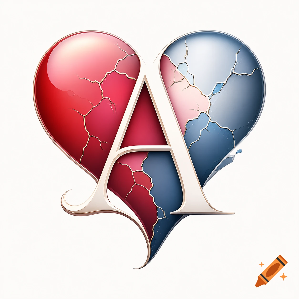 Stylized letter 'A' integrated into a red and blue cracked heart shape, resembling a broken logo.