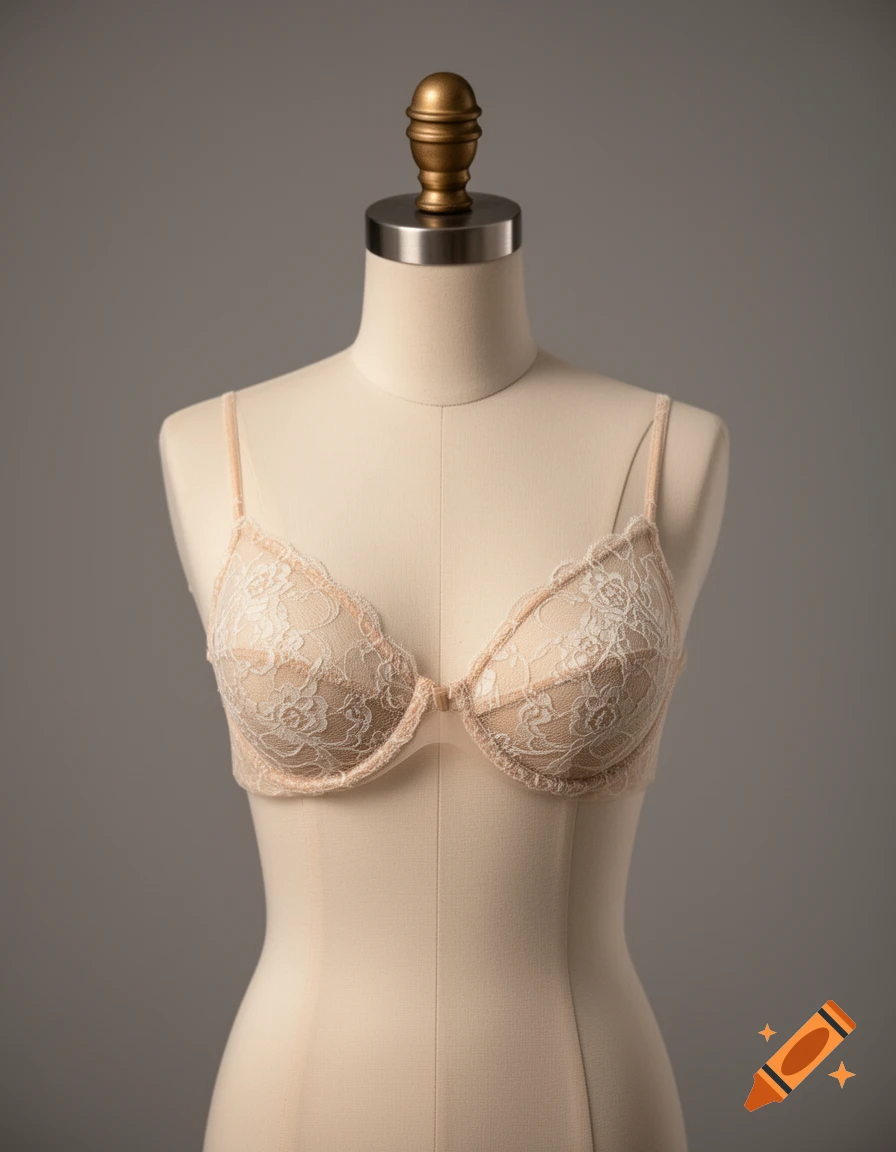 A beige lace bra is displayed on a light-colored mannequin against a gray background.