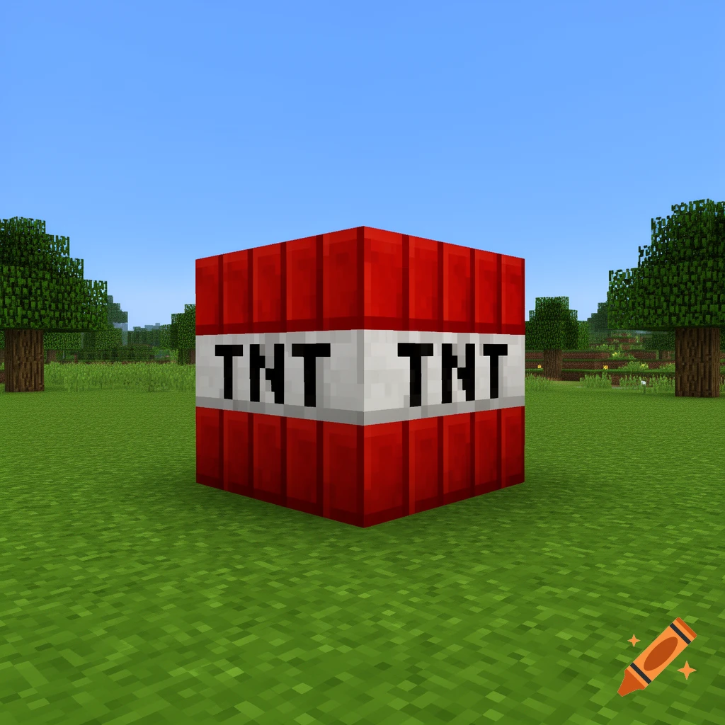 A block of Minecraft TNT sits on a grassy field under a blue sky.