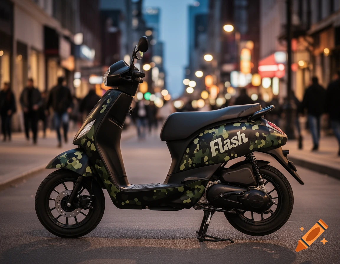 A black scooter with a green camouflage pattern and the word "Flash" on its side, parked on a city street at dusk.