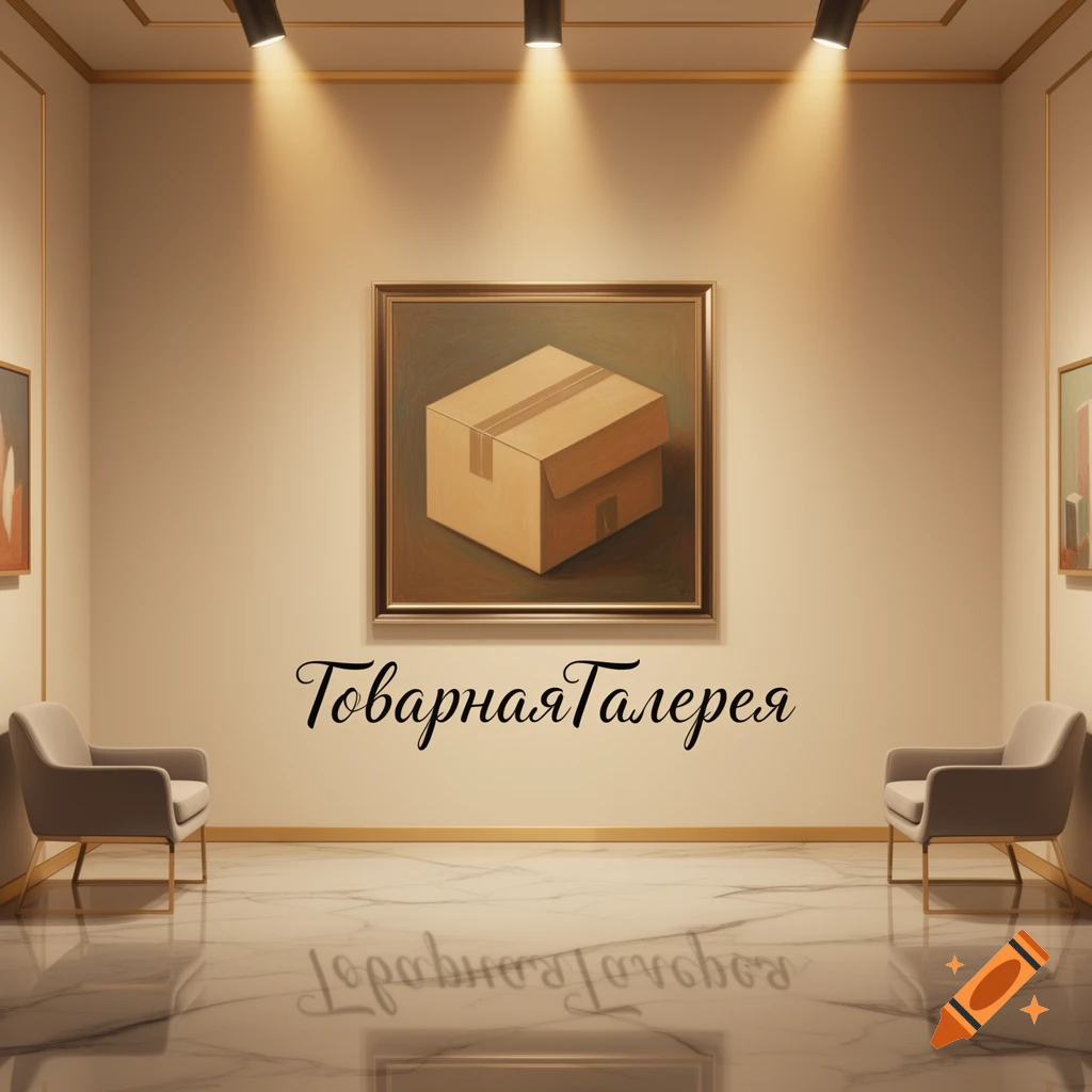 Modern art gallery interior with a painting of a cardboard box, chairs, and 'ТоварнаяГалерея' on the wall.