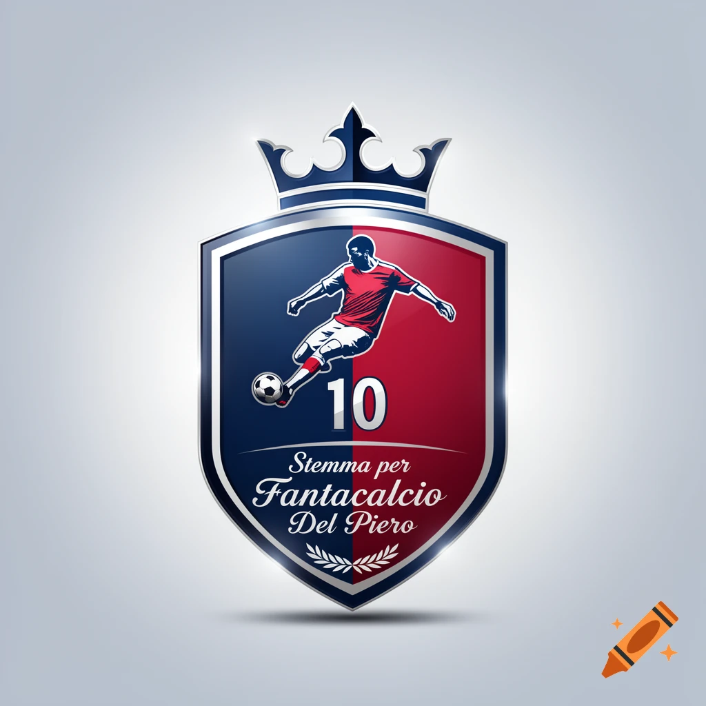 A stylized blue and red soccer crest with a silver crown, featuring a player kicking a ball, the number 10, and text 'Stemma per Fantacalcio Del Piero'.