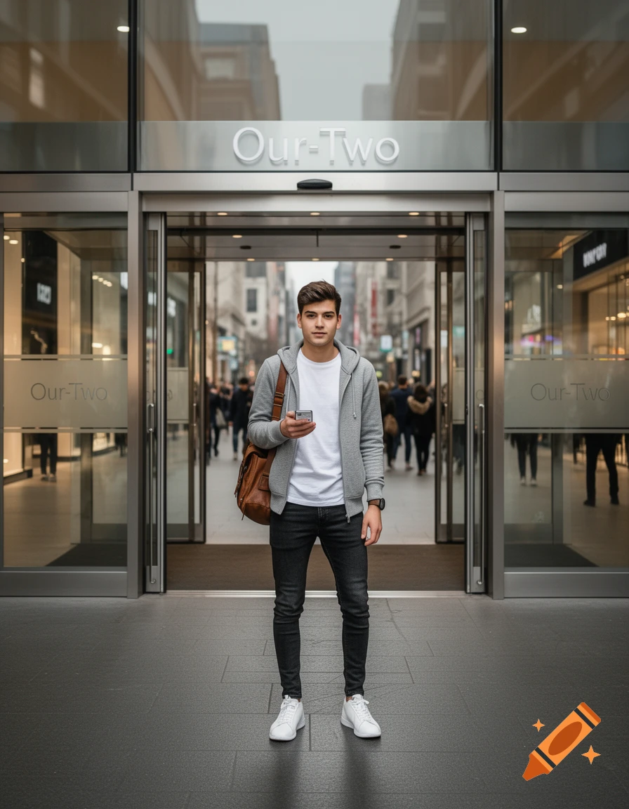 A young man in a grey hoodie and black jeans stands outside a store named Our-Two, holding a phone, with a busy city street in the background.
