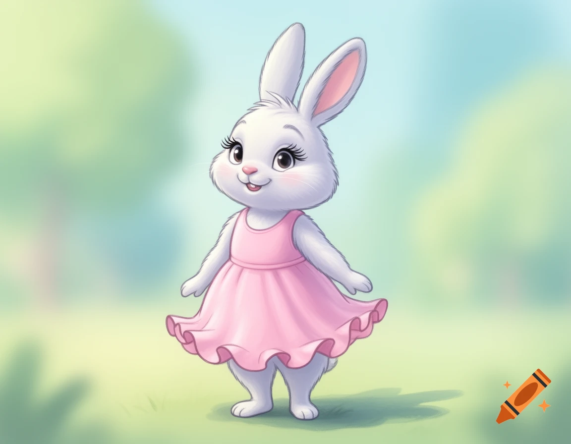 A cute cartoon white rabbit with long ears and eyelashes stands bipedally, wearing a pink dress, in a blurred green and blue outdoor setting.