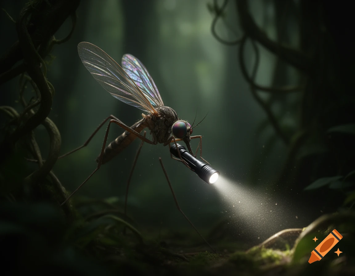A photorealistic close-up of a mosquito with iridescent wings holding a lit flashlight in a dark, lush jungle environment.