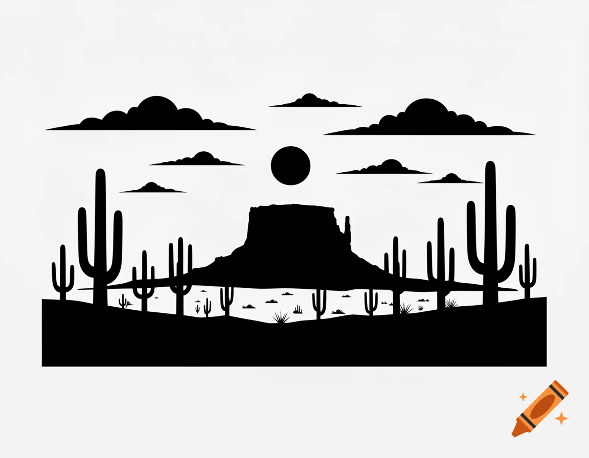Black silhouette of a desert landscape with saguaro cacti, a mesa, sun, and clouds.