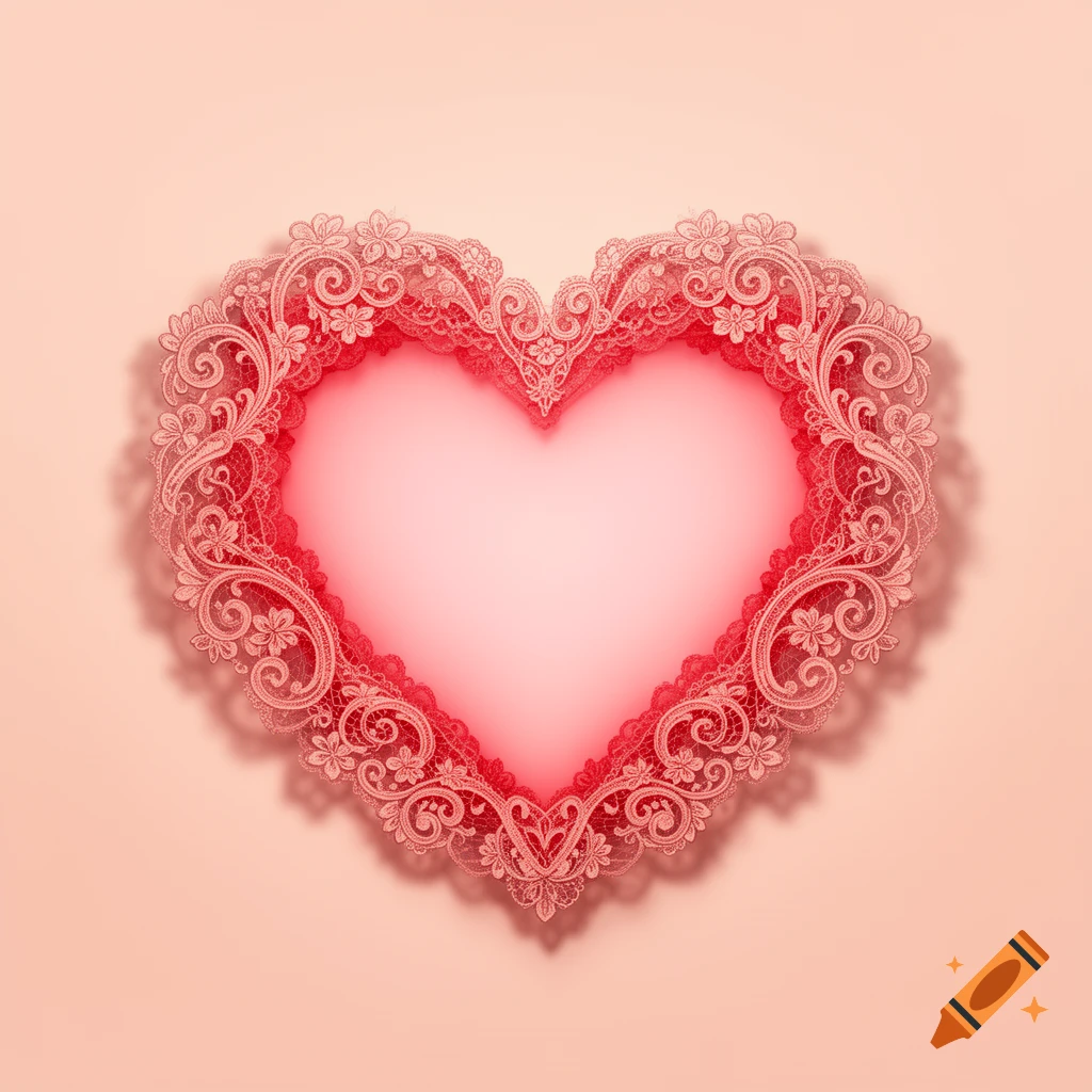 A pink and red heart design with intricate lace details around the border, set against a soft pink background.