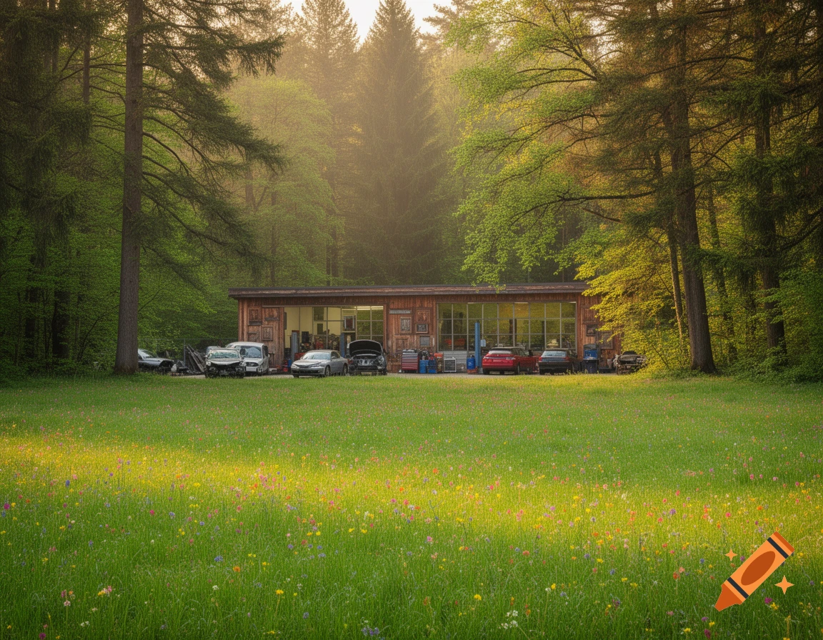 A rustic car repair shop nestled in a vibrant green forest and meadow, illuminated by warm sunlight.