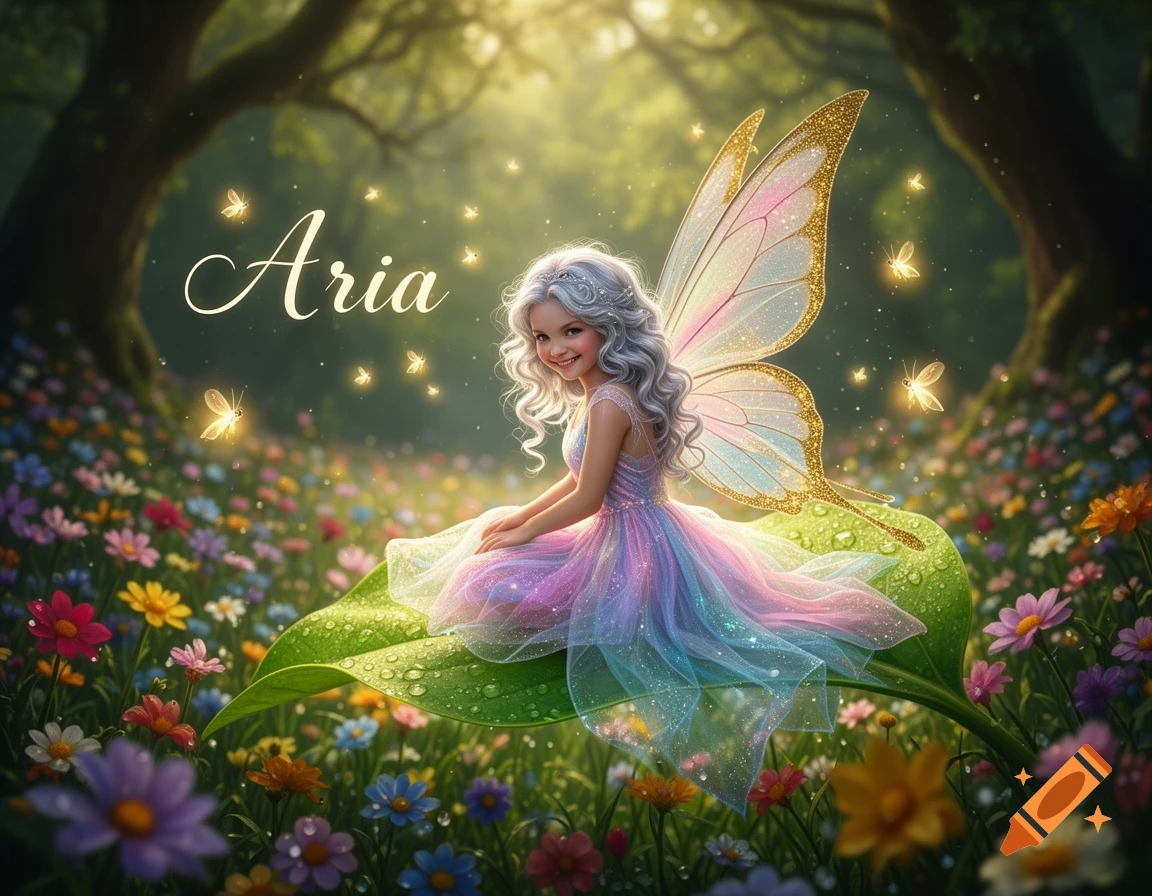 A cute fairy with long white hair and a shimmering rainbow dress sits on a giant leaf in a flower field, with the name 'Aria' above.