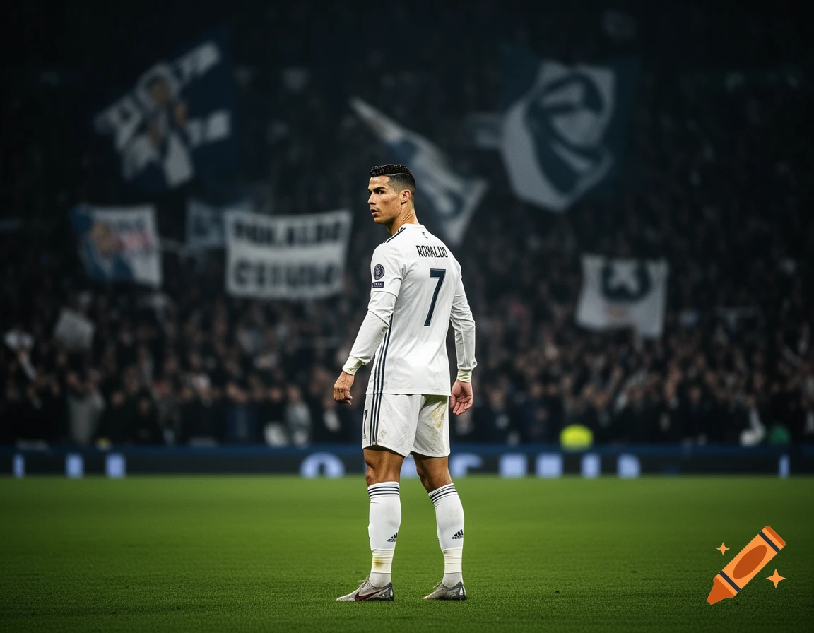 Photorealistic image of soccer player Cristiano Ronaldo in a white jersey with number 7, standing on a green field in a stadium.
